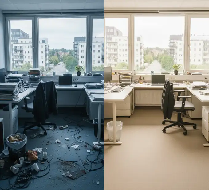 Kontor före och efter kontorsstädning – från stökigt till rent